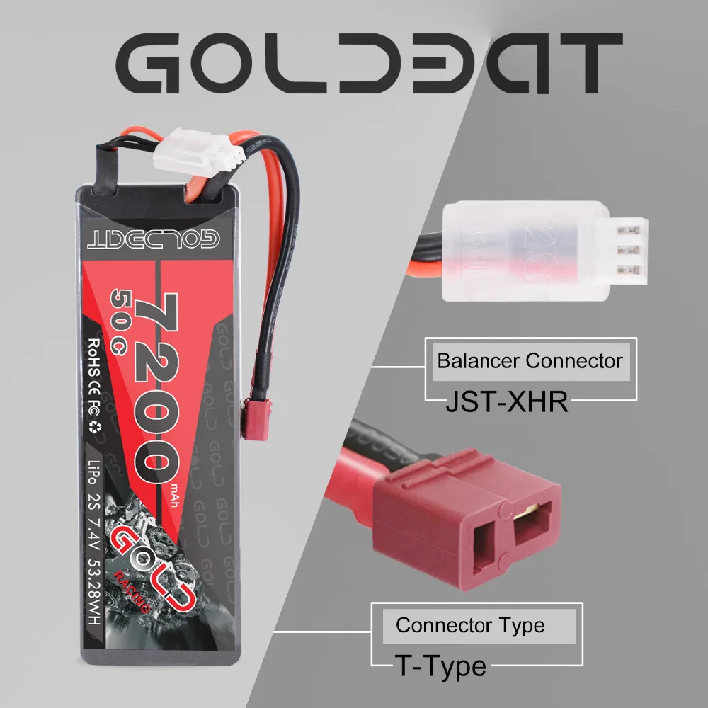 

GOLDBAT 7200mAh LiPo Battery for RC 2S 50C LiPo 7.4V with Deans T Plug for RC Car Vehicle Truck Tank Losi Traxxas Slash Truggy