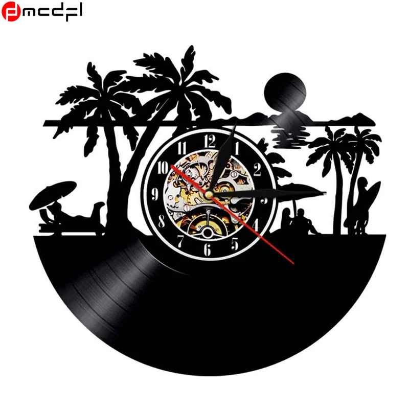 Домашний декор Винтаж Спорт Серфинг Пляж виниловая запись 3D настенные часы