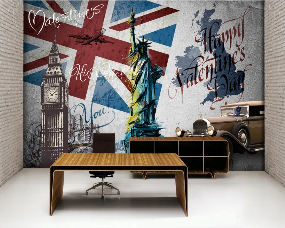 Free Shipping Custom Wallpaper Mural Retro Vintage Statue of Liberty Big Ben Background Wall Painting Living Room Decoration |