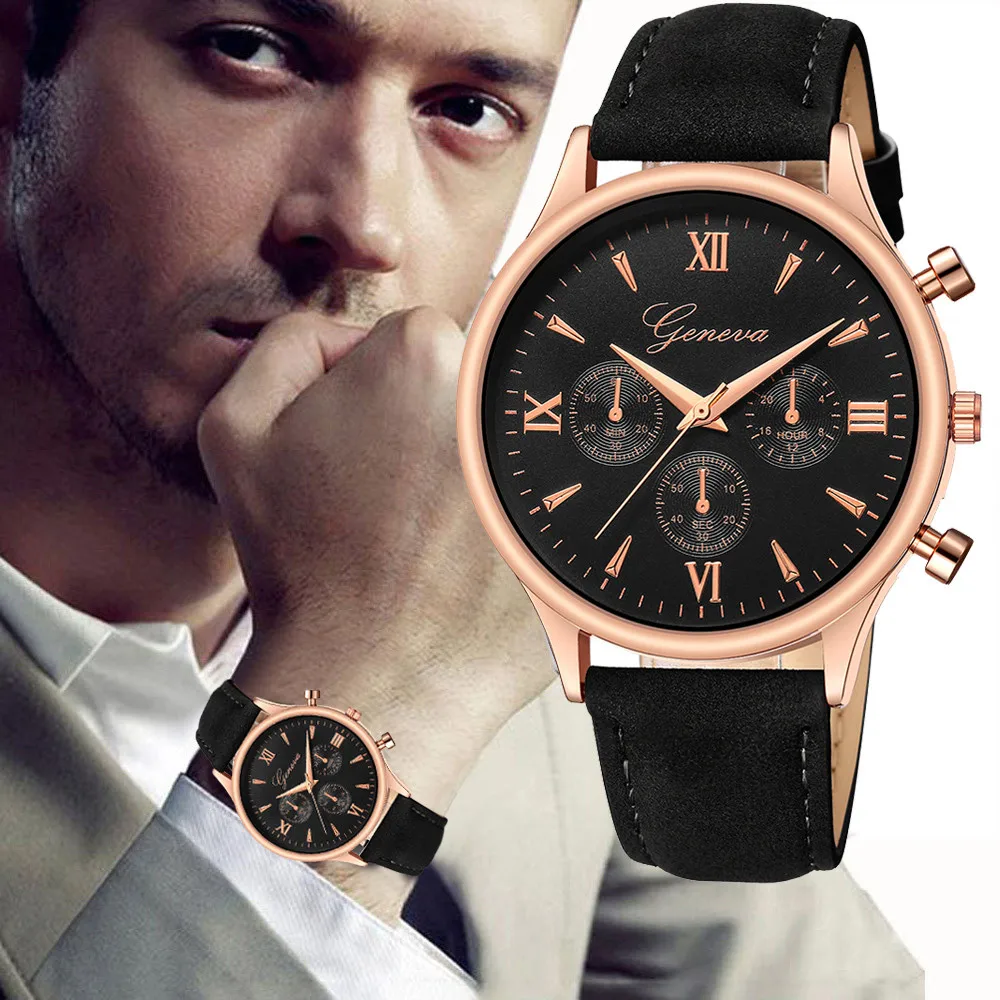 Luxury Fashion Faux Leather Mens Blue Ray Glass Quartz Analog Watches large wall clock mechanism women montre femme 30 | Наручные часы