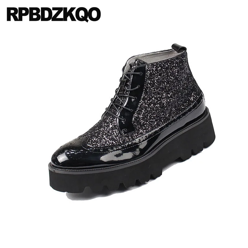 Мужские блестящие кроссовки оксфорды на высокой платформе с крыльями черные