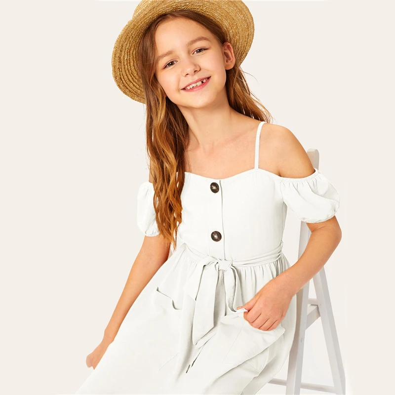 SHEIN/детское однотонное платье для девочек с открытыми плечами и одной пуговицей спереди, с поясом, платье в стиле бохо,, летние платья миди с короткими рукавами для отдыха