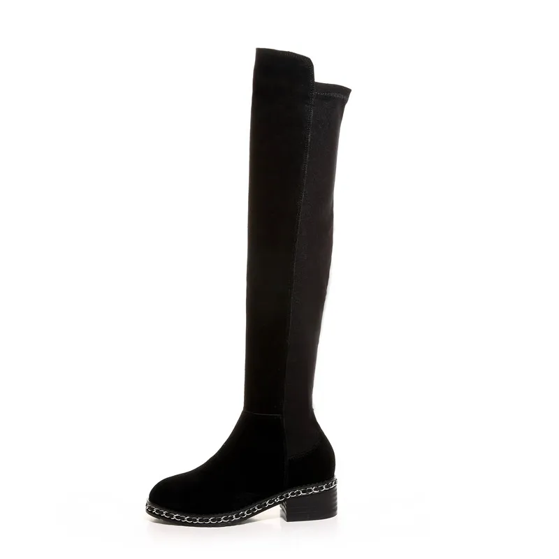 black nubuck leather YOUGOLUN Сексапильные Тянущиеся сапоги из мягкой натуральной кожи, до бедра, женские сапоги высотой до бедра, осень, зима, женская обувь с цепочкой, дамские сапоги - Цвет: black nubuck leather