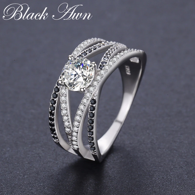 New Arrival Authentic 925 Sterling Silver Women Rings White/Black Zirconia 925 Silver Rings Fine Jewelry Gift Bague C012