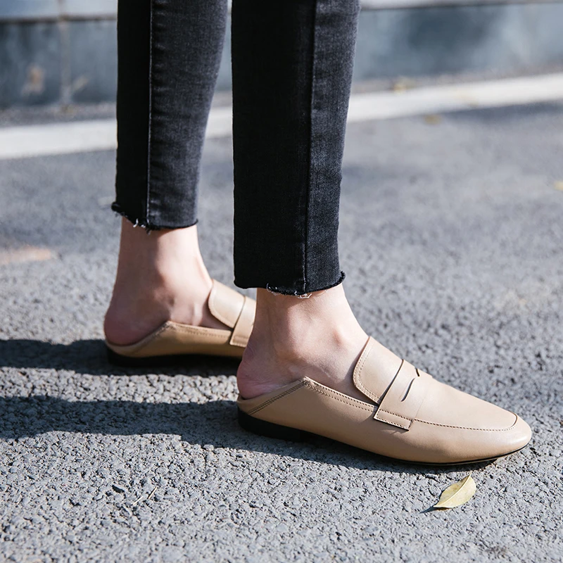

ISNOM Genuine Leather Women Flats Square Toe Footwear Fashion Casual Female Loafers Shoes Mules Shoes Woman 2019 New Spring