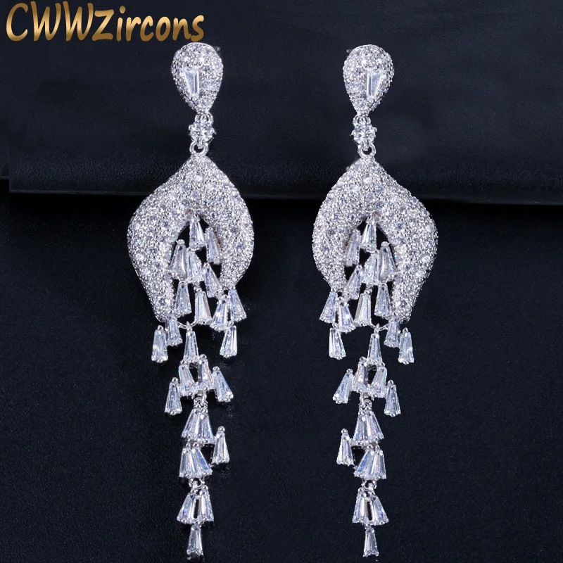 

CWWZircons Noble Tassel Style Micro Cubic Zirconia Paved Long Big Dangle Evening Party Earrings for Women Wedding Jewelry CZ239