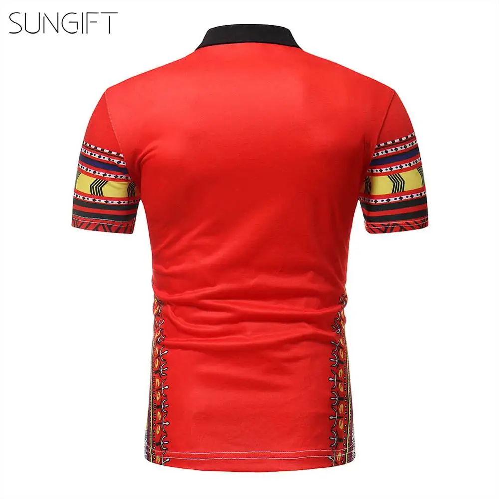 SUNGIFT African Men's Top Dashiki Polo Neck Print Short Sleeve Men Shirt Clothes 2019 Summer Faddish T-Shirt | Тематическая