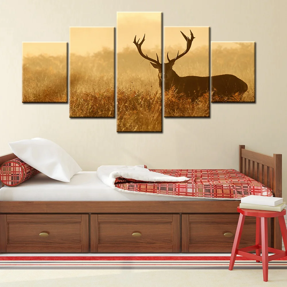 5 панелей Настенная картина с оленем принты на холсте бак Бакхорн трава туманное