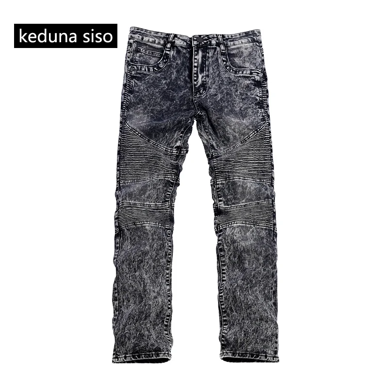 Мода Мужская Байкер Джинсы Брюки Slim Fit Плиссированные Мотоцикл Черный Серый