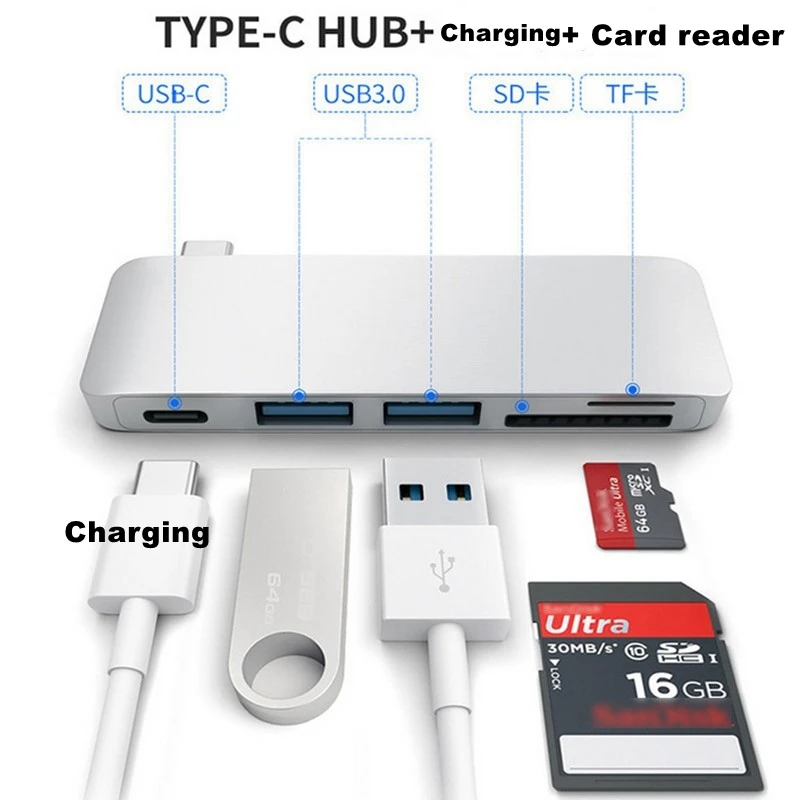 Тип C до USB3.0 концентратор + PD зарядка TF SD Card Reader алюминиевый сплав Бесплатная