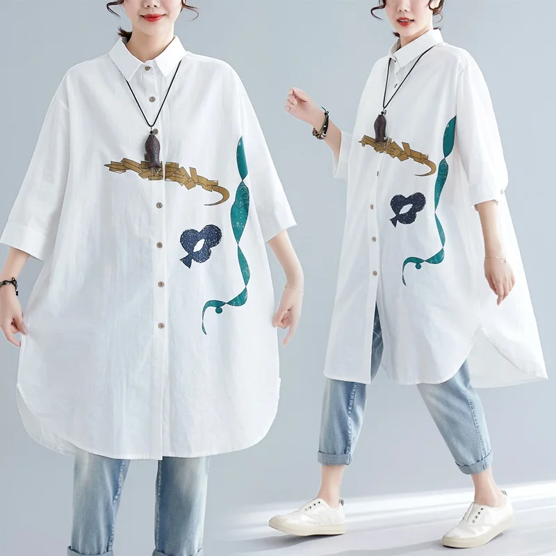 

white cotton summer vintage korean style plus size Casual loose long shirt women blouse 2021 clothes ladies tops streetwear
