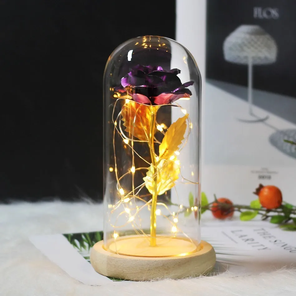 Purple Красавица и Чудовище красная роза в стеклянном куполе на деревянной основе для подарков на день Святого Валентина светодиодный лампы с розами украшения Рождественского дома - Цвет: Purple