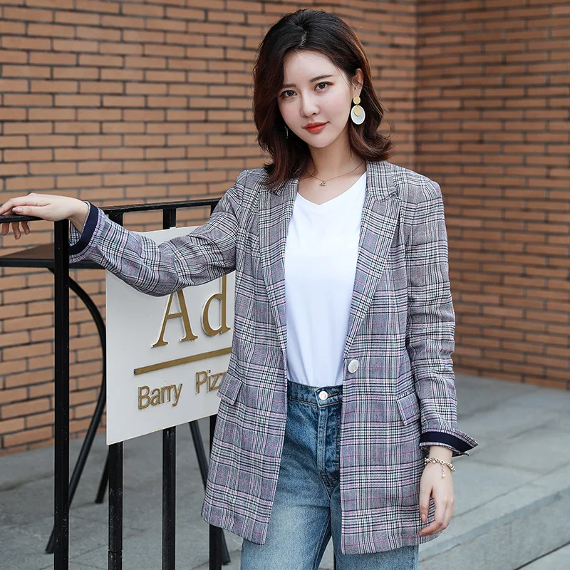 

YUSHU Retro Spring Suit Blazer Women Office Lady Casual Plaid Blazer Jacket Single Button Notched Blazer Coat