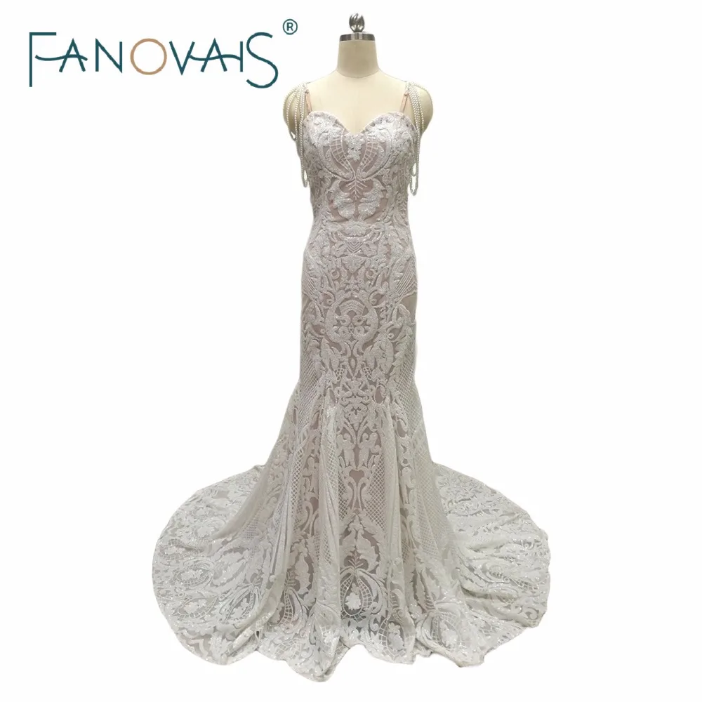 Кружева Русалка свадебные платья спагетти жемчуг роскошные robe de mariee Vestido novia 2019
