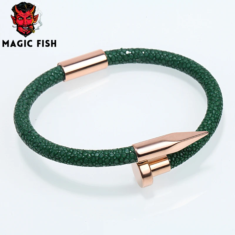 Браслеты Magic Fish браслеты для мужчин темно зеленая кожа ската розовое золото