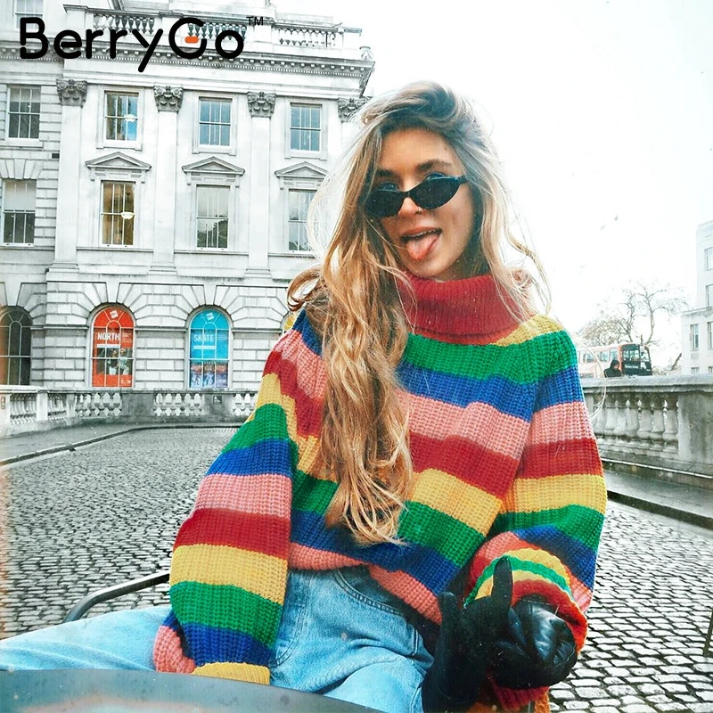 BerryGo/модный Радужный свитер с рукавами летучая мышь элегантные женские пуловеры