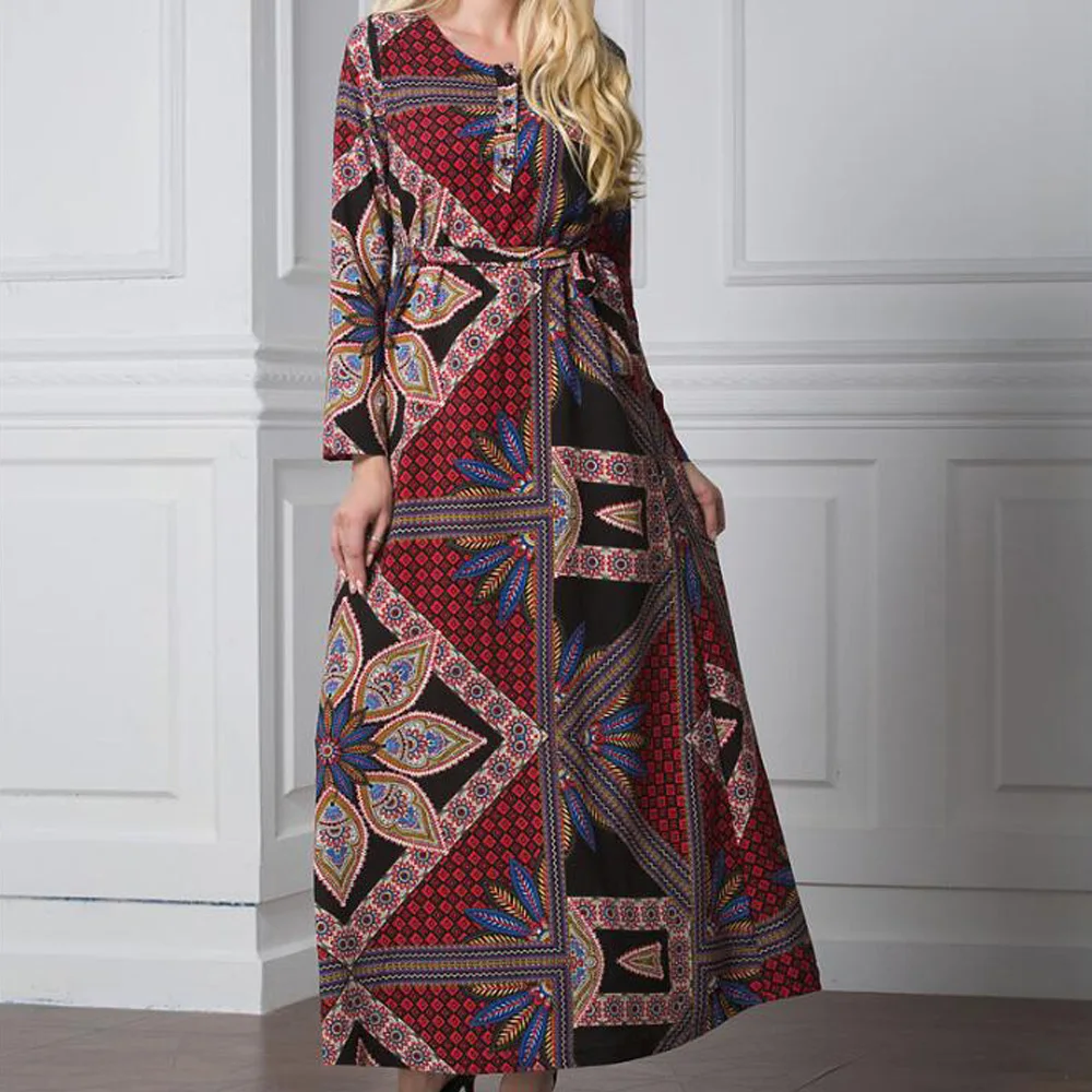 Длинное мусульманское платье женское винтажное с длинным рукавом и этническим