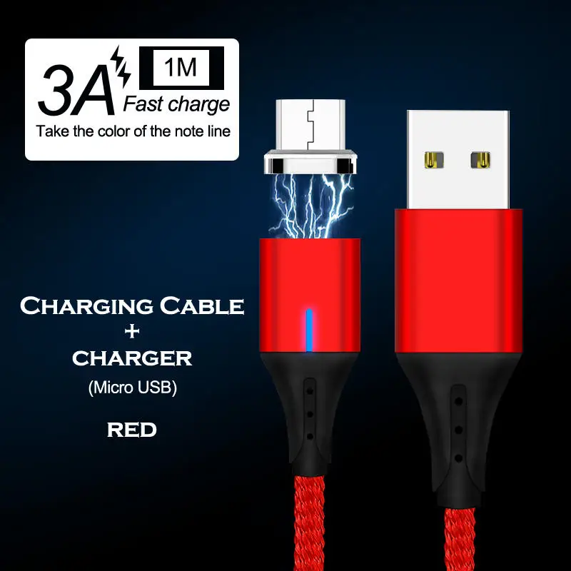 Red For Micro Магнитный usb-кабель для передачи данных 3 a, 1 м, 2 м, для iPhone X, XS, XS, MAX, светодиодный, mi, cro, USB, быстрое зарядное устройство, type-C, кабель для huawei, samsung Xiaomi mi 9 - Цвет: Red For Micro