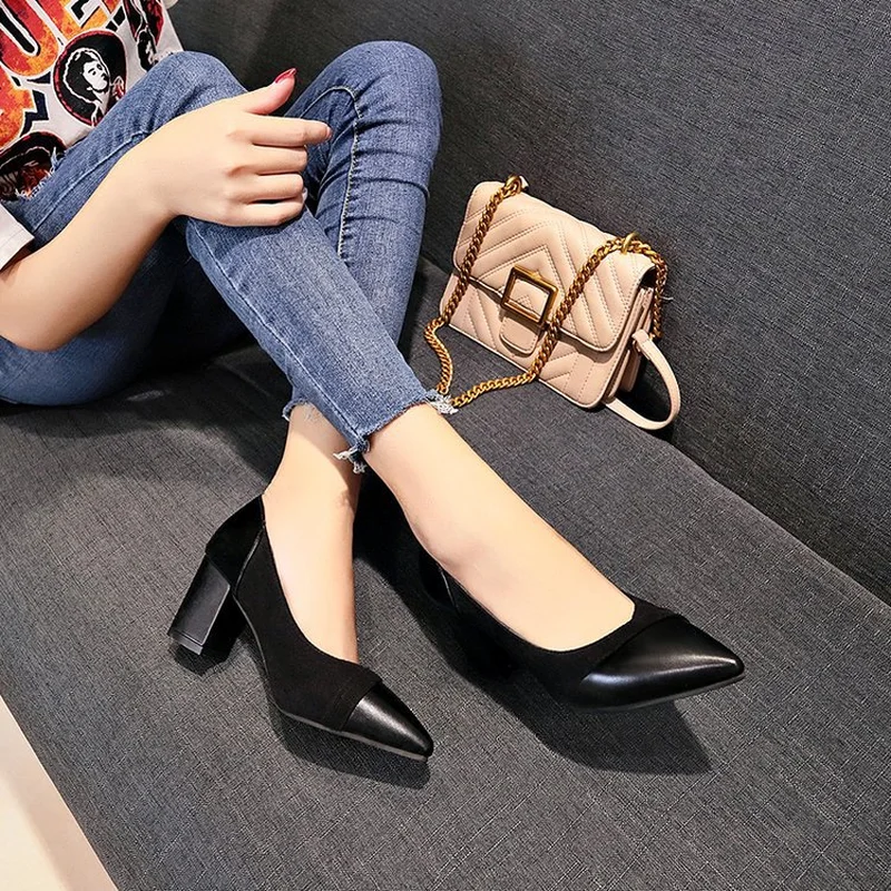 Тонкие туфли женский 2019 Весенняя Новинка темперамент Толстые со Средний и