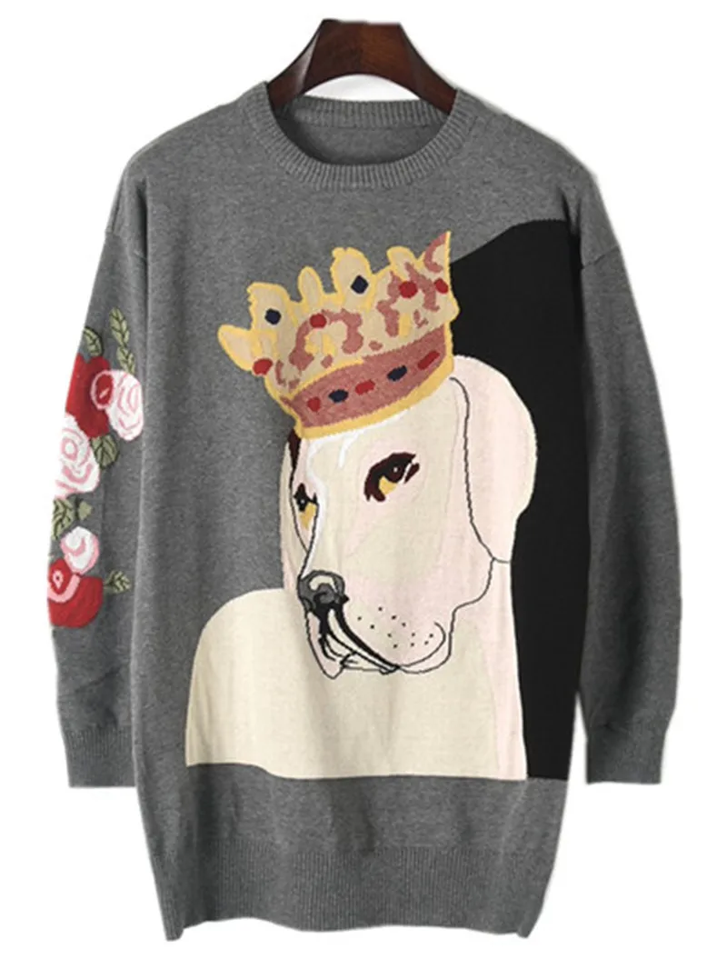Fashion Runway Sweater Women Sweaters and Pullovers 2017 Winter Crown Dog Cool Large Knitted Harajuku Long Tops Jumper | Женская одежда