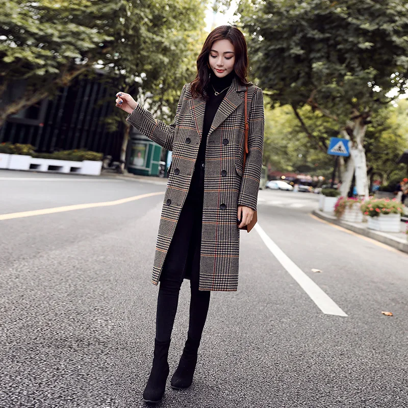 

Fashion women's woolen coat female long section Korean version 2019 new autumn and winter tartan coat coat OL career coat Ms.