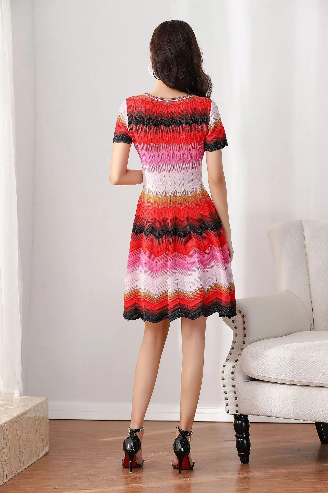 Micosoni Italian Style Summer New Gorgeous Color Stripes Golden Thread Insert Knit Short Sleeve Red Pink Sweater Dresses