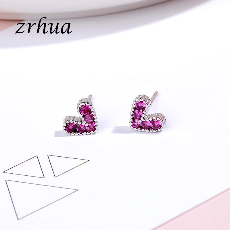 Женские серьги гвоздики в виде сердца с красным фианитом|Серьги-гвоздики| |