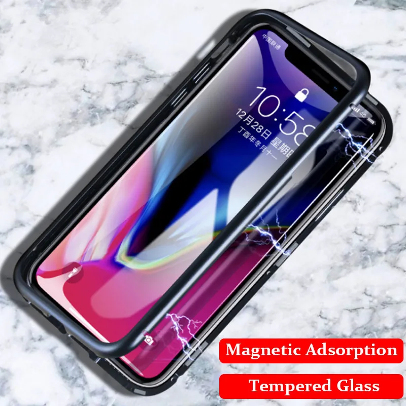 Полностью Магнитный чехол для iPhone XS XR X MAX Роскошный Алюминиевый металлический