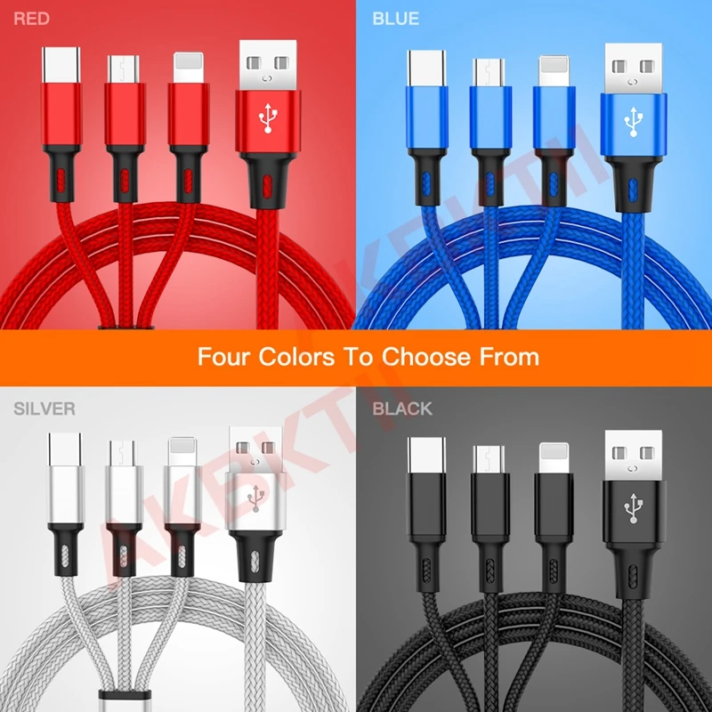 AKBKTII usb-кабель для зарядки iPhone XS X 8 7 3 в 1 кабель Micro USB C type samsung note 10 S10 S9 S8 | Мобильные