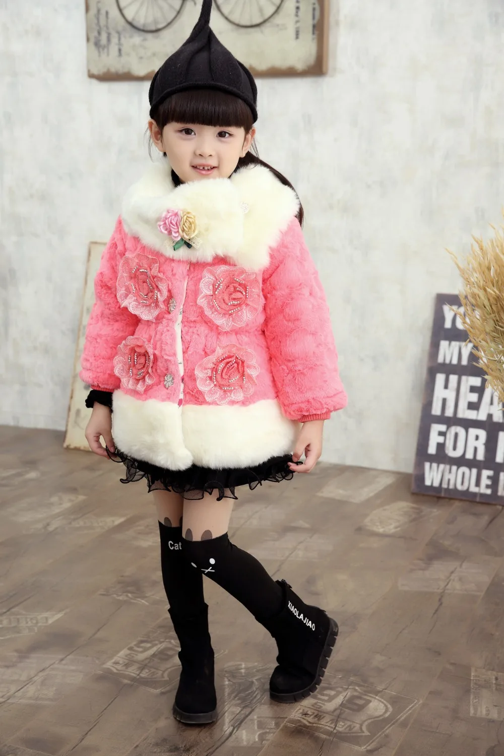 Furry 2018 Winter Warm Fur Coat Turn-down Collar Four Flowers Kids Clothes Casaco Infantil Menina Teenage Girls Overcoat XL436 | Детская
