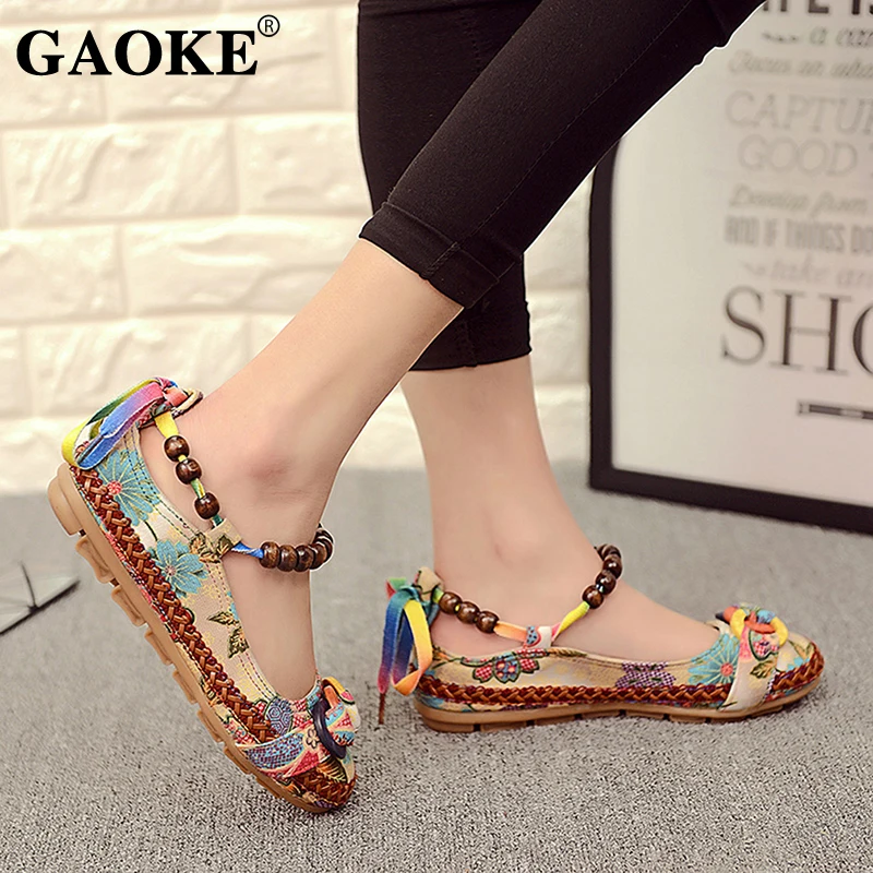 Plus Size 42 Casual Flat Shoes Women Flats Handmade Beaded Ankle Straps Loafers Zapatos Mujer Retro Ethnic Embroidered | Обувь
