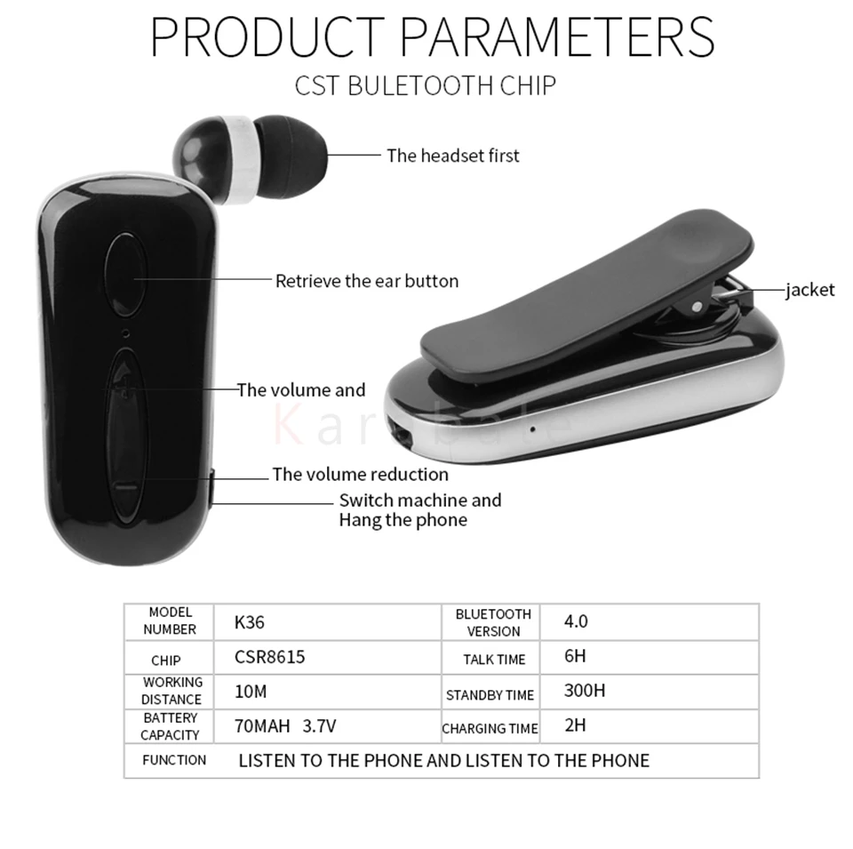 Karabale K36 Беспроводная Bluetooth V4.1 гарнитура CSR DSP Вибрационный оповещение износ клип наушник Hands-Free