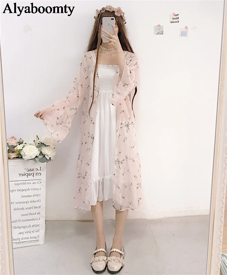 Японский Harajuku женский летний длинный Blusas пальто розовый цветочный принт