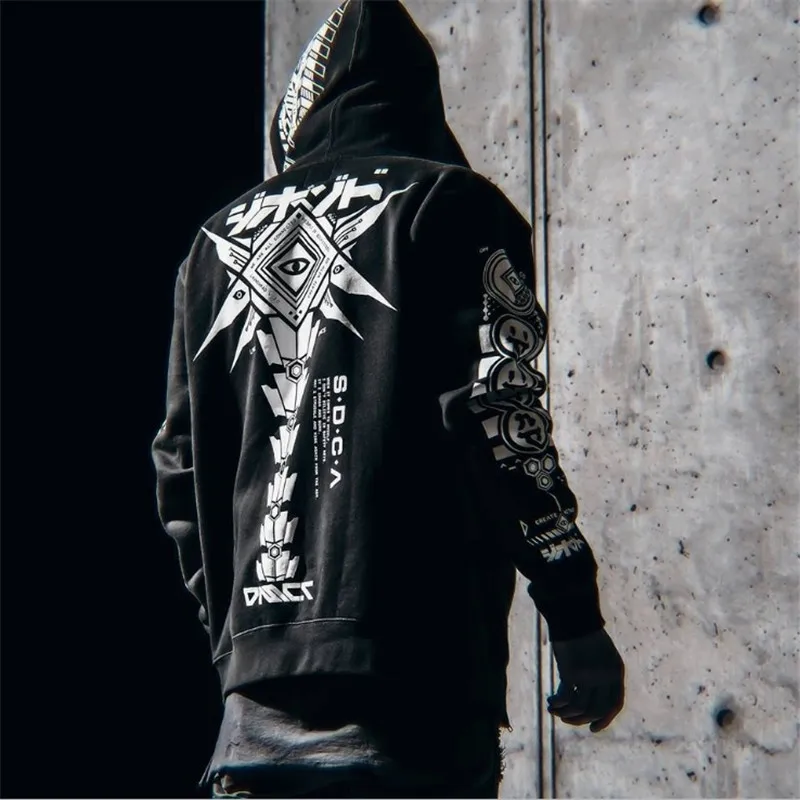 Male Spring Winter Japan Style Hip Hop Casual Sweatshirts Streetwear Japanese Embroidery Funny Cat Wave Printed Fleece Hoodies