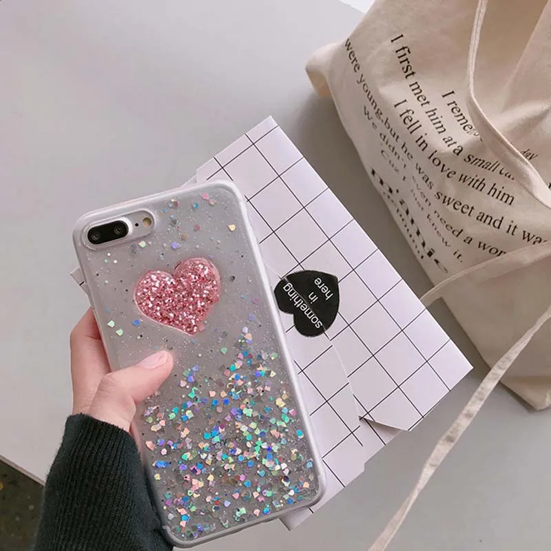Модный Блестящий чехол с розовым и красным сердцем для девочек iPhone 8 7 plus мягкий