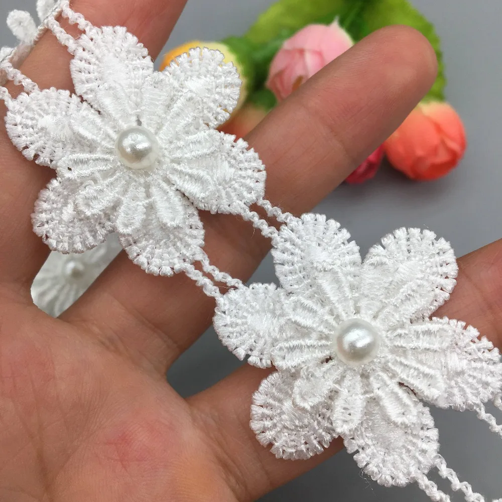 Винтажная белая 3D Снежинка жемчужная кружевная отделка ткань искусственное