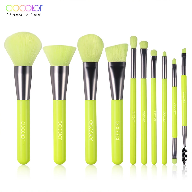 N1001 Docolor Профессиональные 10 шт кисти для макияжа, синтетические косметические неоновые кисти для пудры, тональной основы, теней, набор кисточек для макияжа - Handle Color: N1001