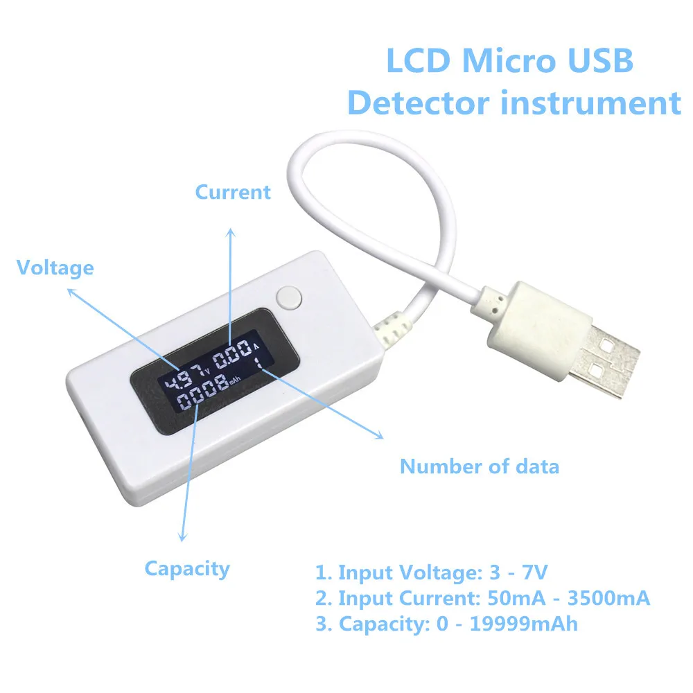 ЖК-дисплей Micro USB зарядное устройство Емкость батареи Напряжение Ток тестер метр детектор черный/белый цвет+ нагрузочный резистор 2A/1A с переключателем