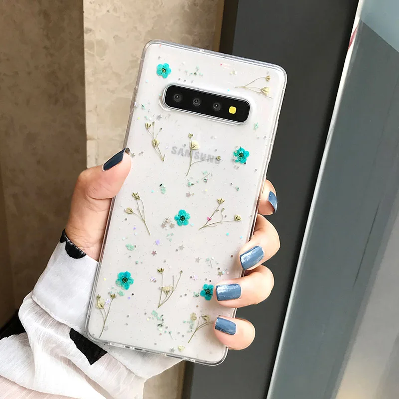 Blue YHBBCASES природа сушеные цветы ручной работы чехол для телефона samsung Galaxy S9 S10 Plus Note 10 Pro сухие блестки Прозрачный цветочный чехол - Цвет: Blue