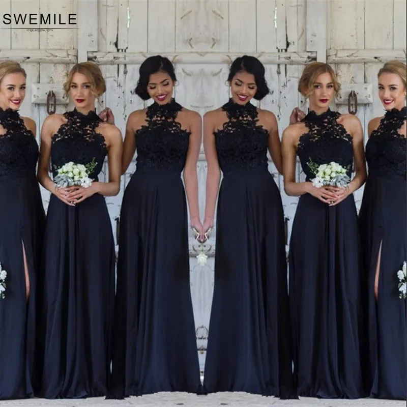 Женское длинное свадебное платье SWEMILE темно синее кружевное шифоновое с лямкой