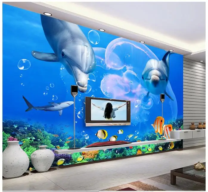 

Custom photo wallpaper 3d wall murals wallpaper Dolphin white shark underwater world television background wall paper home decor