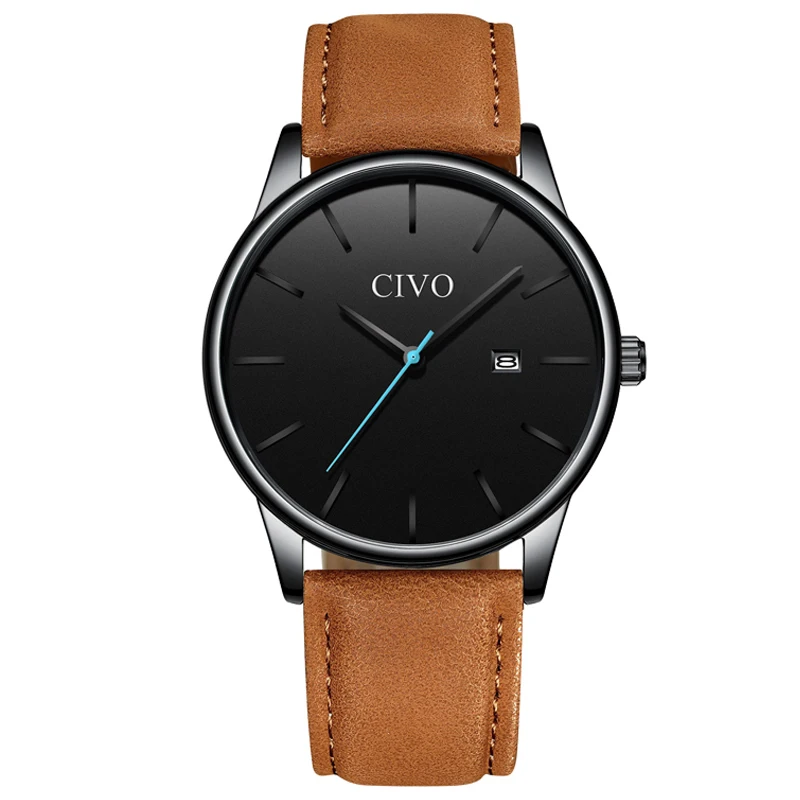 leather brown 8082 CIVO модные ультра тонкие мужские s часы лучший бренд класса люкс водостойкие черные стальные сетчатые кварцевые наручные часы для мужчин простые ручные часы - Цвет: leather brown 8082