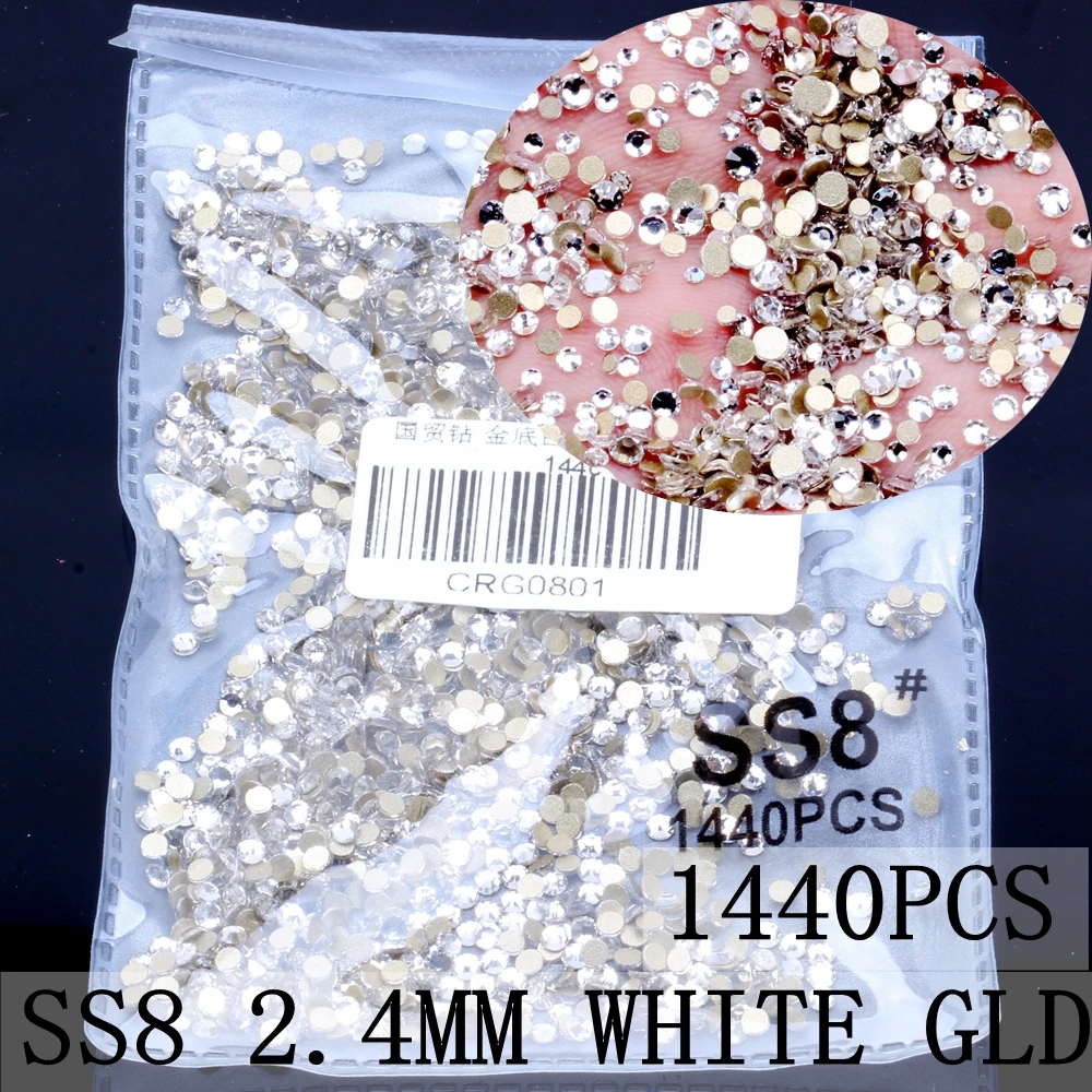 Crystal Gold s8 1440 Супер Блестящий SS3-SS8 хрустальные стразы с плоской задней стороной Стразы для ногтей 3D не горячей фиксации украшения для ногтей Сделай сам стеклянный маникюр - Цвет: Crystal Gold s8 1440