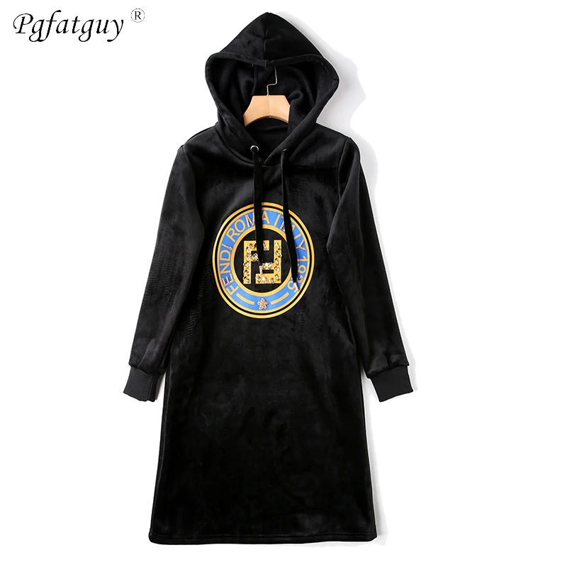 2019 New Autumn Beading Warm Sweater Dress Women Sexy Slim Female Hooded Drawstring Long Sleeve Gold Velvet Vestidos | Женская одежда