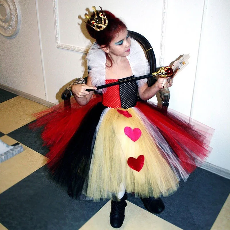 

Queen of Hearts Halloween Costumes for Teens Summer Dresses Alice in Wonderland Pattern Kids Masquerade Dresses Girls Tutu Dress