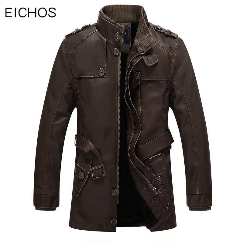 

EICHOS Winter Leather Jacket Men Casual Warm Mens Long Leather Trench Coat Washed PU Leather Motorcycle Jacket Plus size 4XL