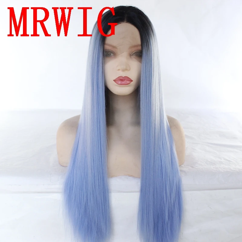 MRWIG 26in 150% Плотность средняя часть Омбре синий два тона Синтетический прямой парик
