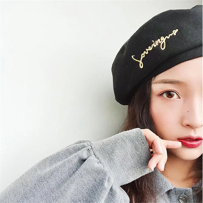 Xuyijun осенне-зимний винтажный черный милый берет с вышивкой буквами Женская кепка