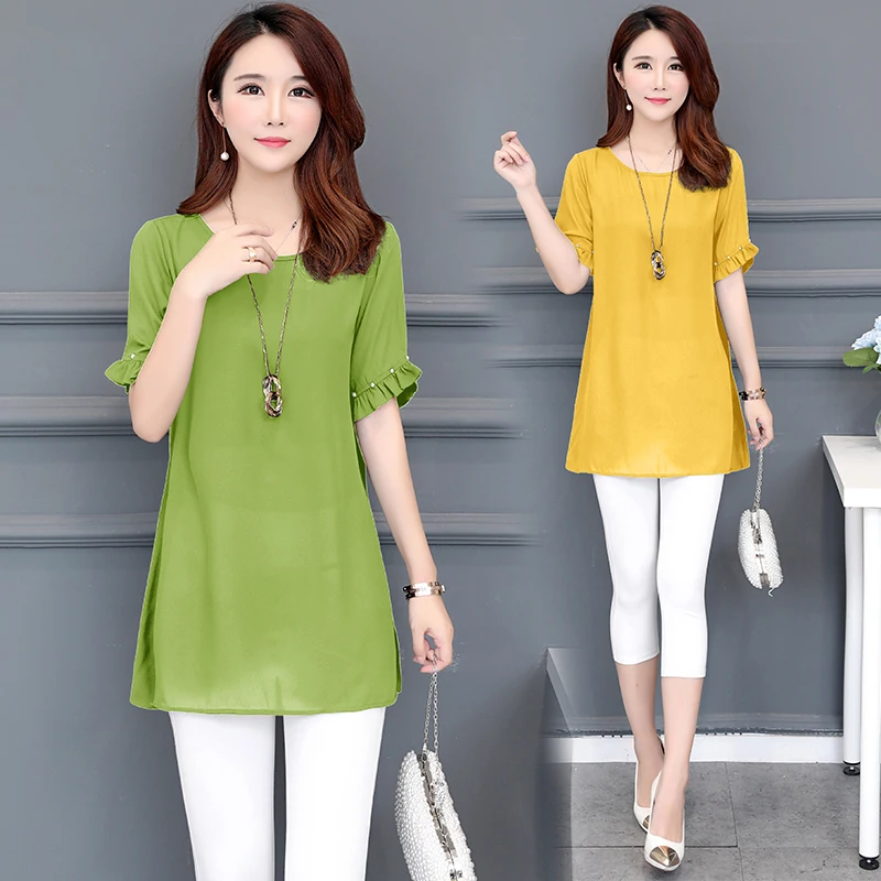 Модная женская с короткими рукавами шифоновая блузка 2019 летние майки Женская