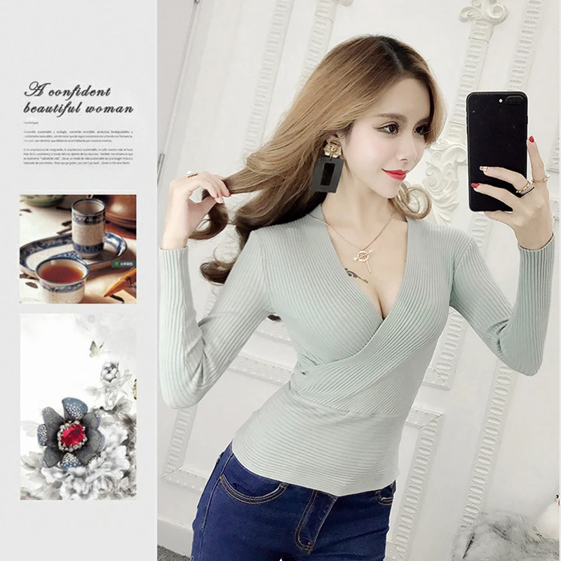 2021 New Sexy Deep V-Neck Ladies Sweater Women's Pullover Casual Slim Bottoming Sweaters Female Elastic Cotton Long Sleeve Tops | Женская